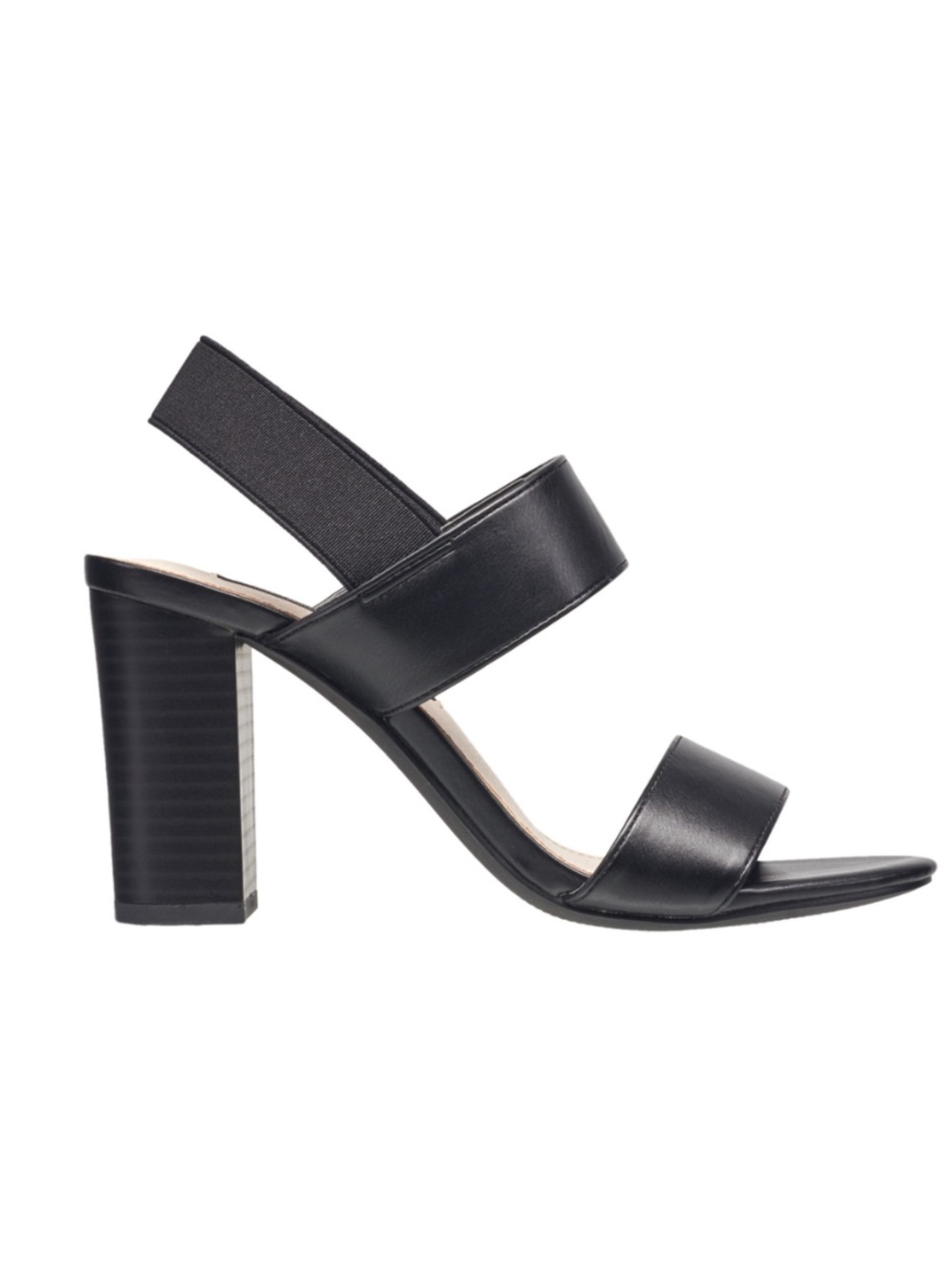 French Connection Black Leather Double-Strap Block Heel Sandals